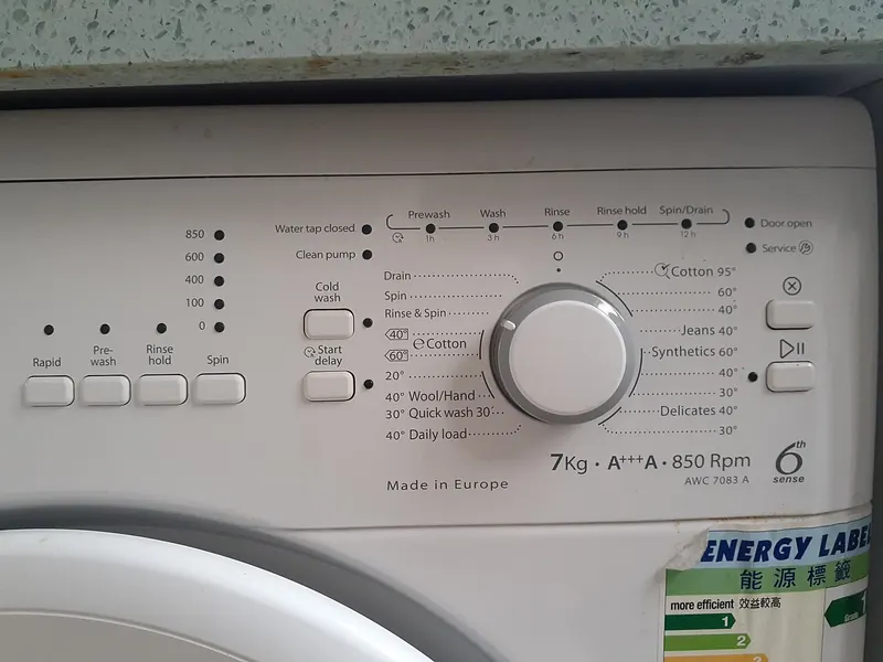 Washing machine control panel with programme dial, start button and option buttons